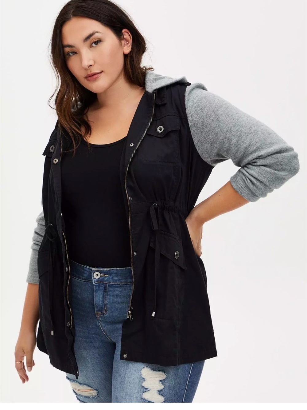 Torrid Twill Hacci Sleeve Anorak Gray & Black Hooded jacket size 2